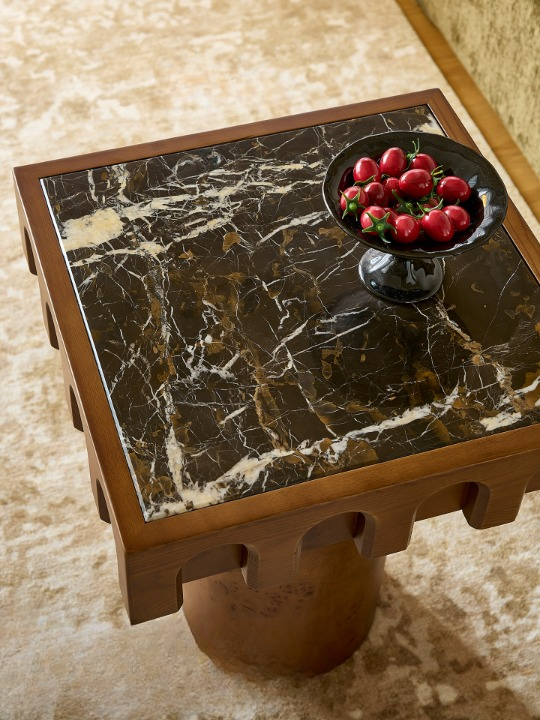 Brown Ash Wood Black Marble Pedestal Side Table for Living Room