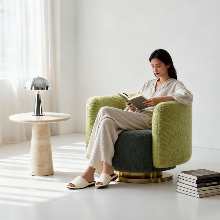 Green Chenille Swivel Accent Chair, Two Tone Upholstered Lounge Chair with Metal Rotating Base for Living Room, Bedroom, Hotel and Reception Area