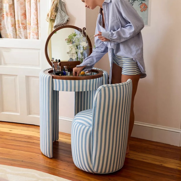 Blue and White Stripe Makeup Vanity Set with Mirror and Nesting Stool
