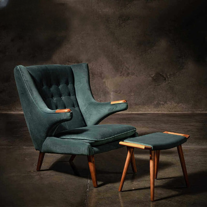 Wingback Accent Chair with Ottoman, Navy Blue Upholstered Lounge Chair and Footstool Set, Mid Century Modern Single Sofa Chair with Solid Ash Wood Frame for Living Room, Bedroom, Reading Nook and Study