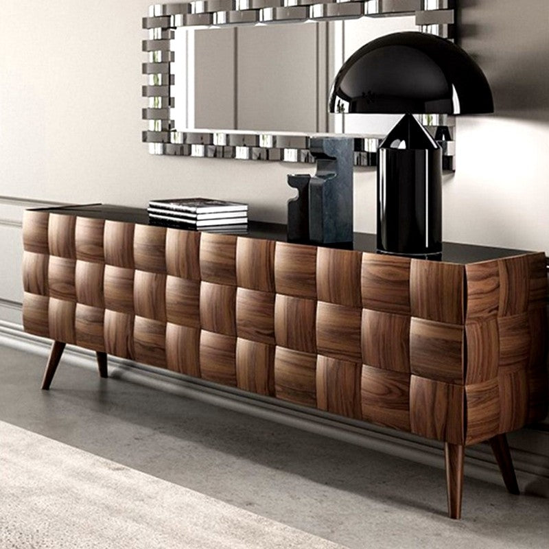 Walnut Sideboard Buffet Cabinet, Mid Century Modern TV Stand with Raised 3D Checkerboard Doors, Wood Storage Credenza for Living Room, Dining Room and Entryway