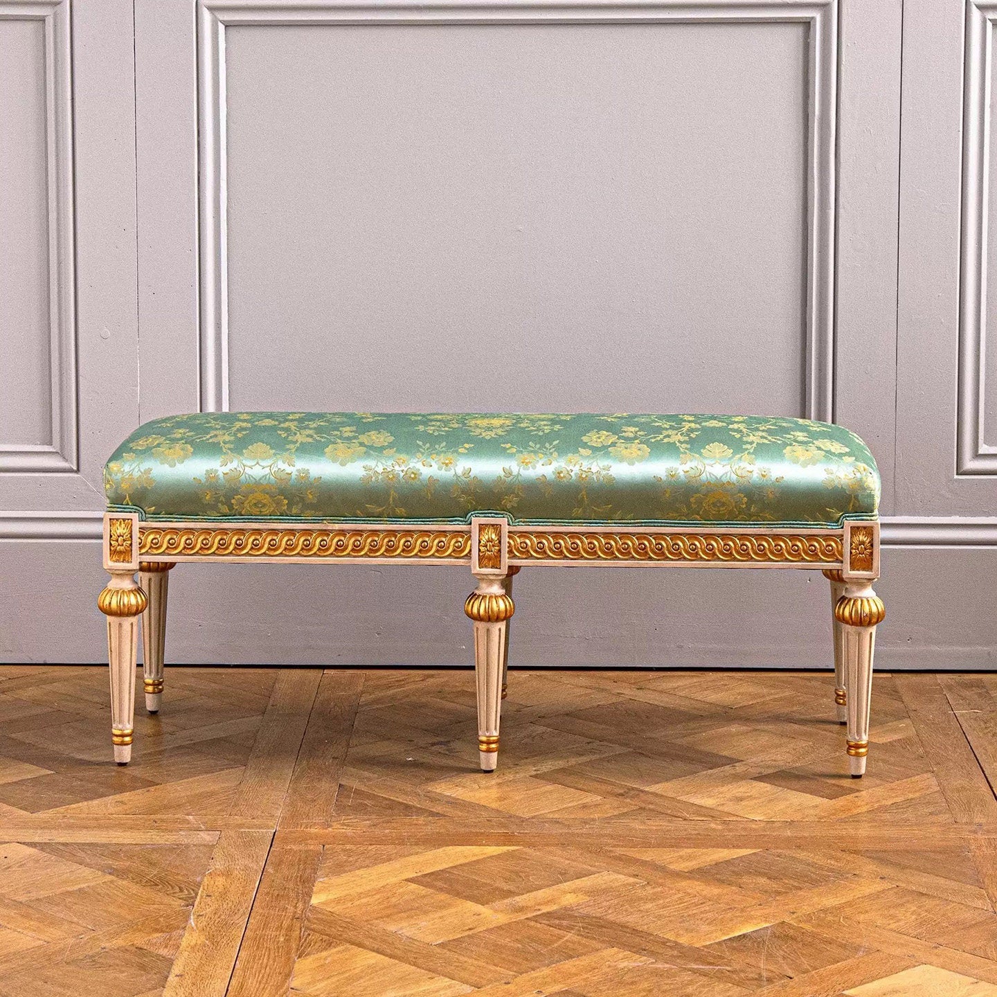 Green Floral Upholstered Bedroom Bench, French Style End of Bed Bench with Solid Wood Gold Finish Legs, Long Vanity Bench, Entryway Shoe Bench, Living Room Ottoman Bench