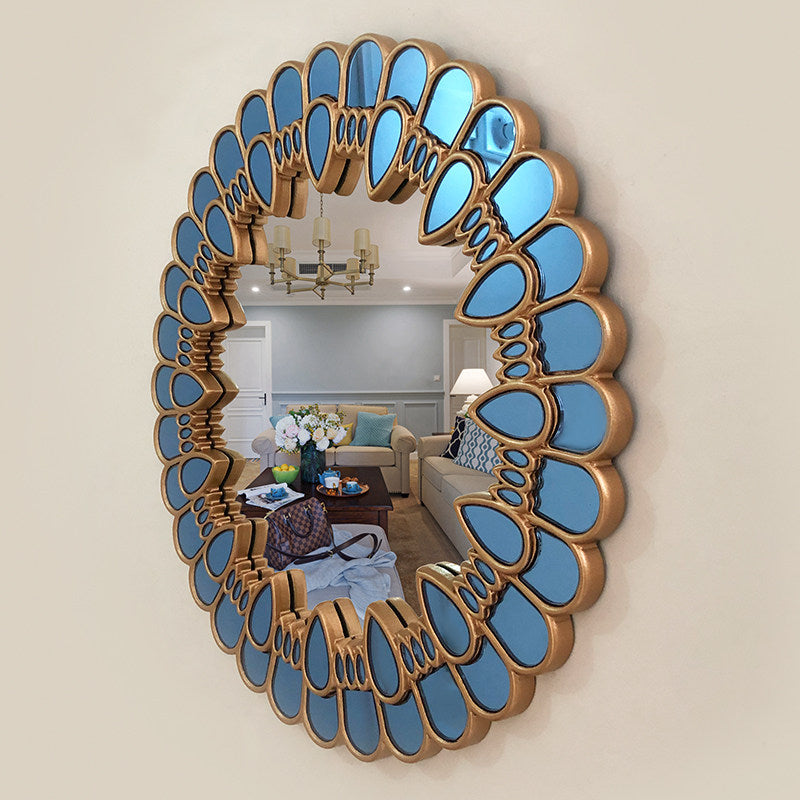 Round Decorative Wall Mirror, Gold and Blue Petal Accent Mirror for Living Room, Entryway, Fireplace Mantel, Dining Room, Bedroom, Vanity, Sofa Wall Decor