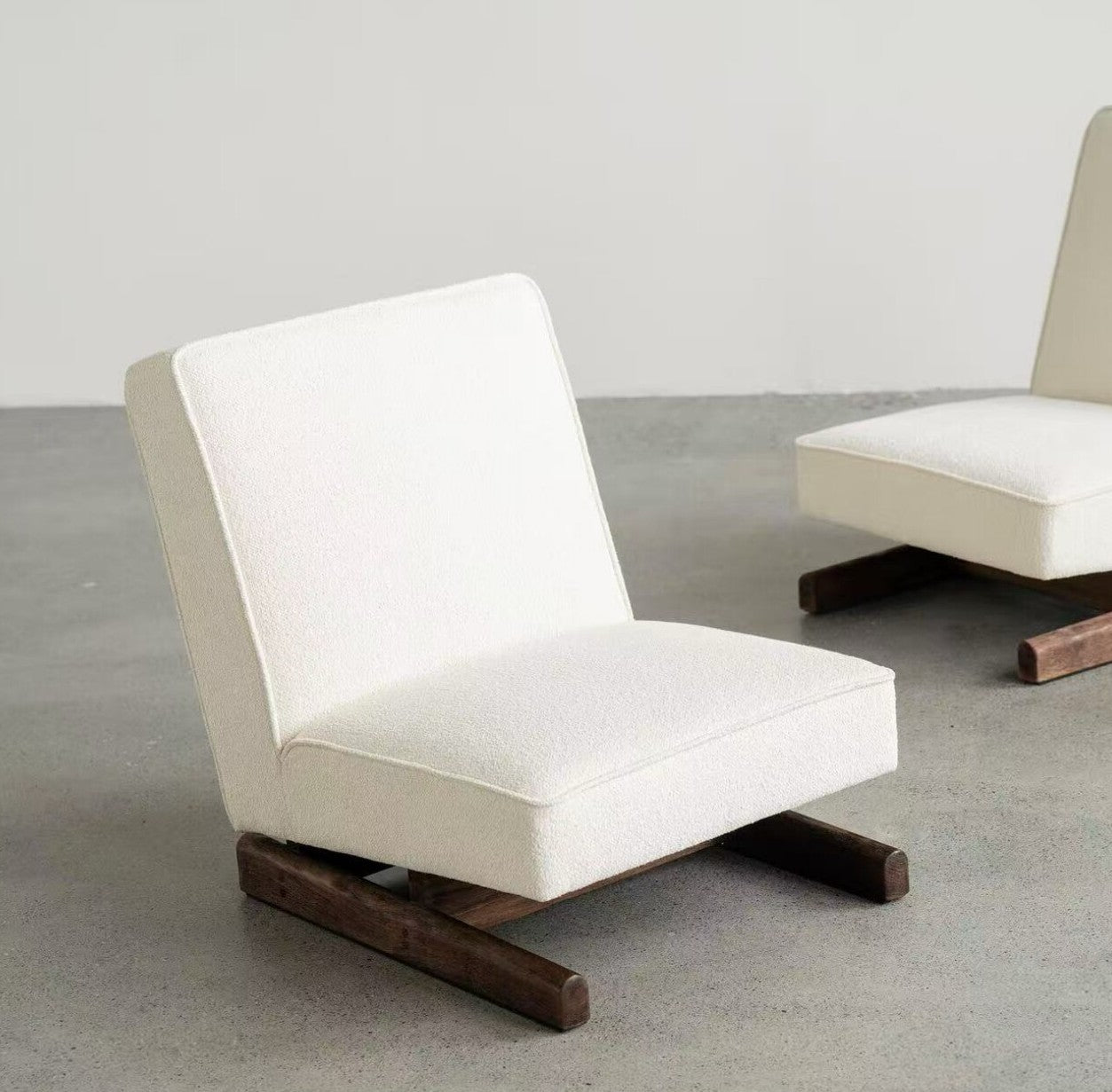 White Armless Lounge Chair, Solid Wood Sled Base Accent Chair, Low Profile Upholstered Single Sofa Chair for Living Room, Bedroom, Reception Area and Reading Corner