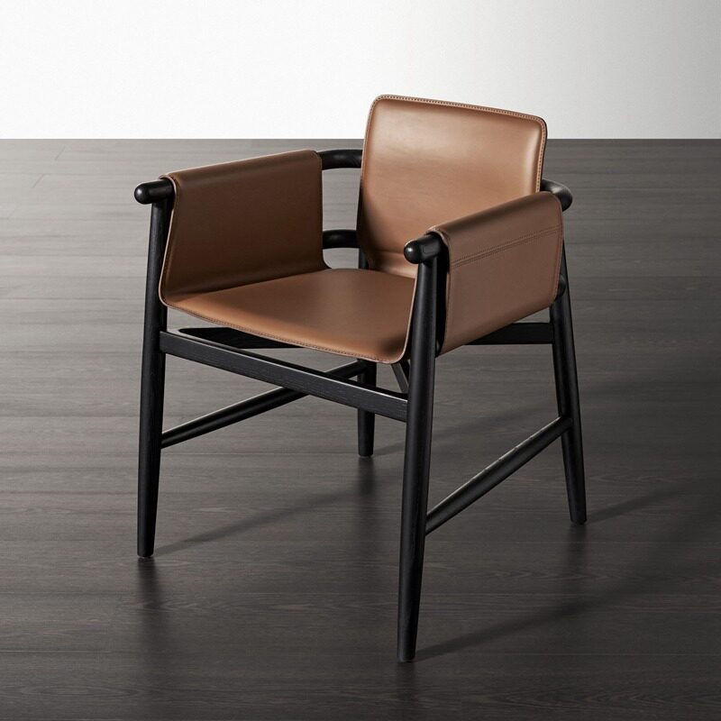 Solid Ash Wood Dining Armchair, Brown Saddle-Style Leather Upholstered Chair with Walnut Finish, Modern Wooden Accent Chair for Dining Room, Conference Room, Kitchen, Balcony, Office, and Living Room