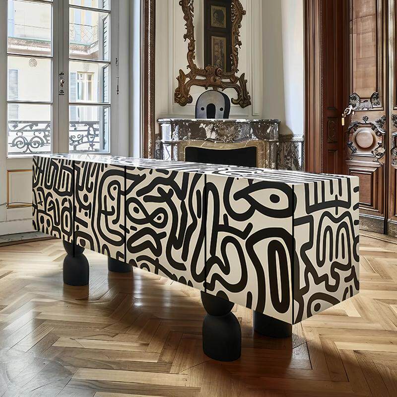 Abstract Doodle TV Stand, Modern Media Console Cabinet with Artistic Black and Ivory Pattern, Low Storage Credenza for Living Room, Entertainment Center, Hallway, Bedroom