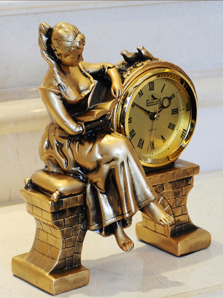 Antique Bronze Resin Mantel Clock with Reading Woman Figurine