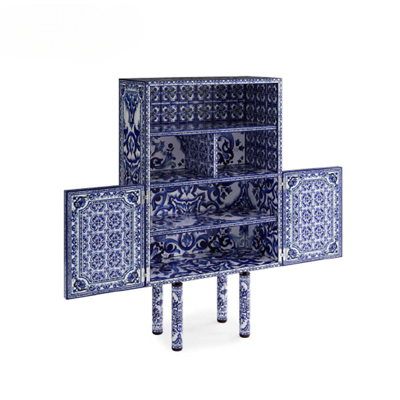 Luxury Blue White Storage Cabinet Hand Painted Pattern Sideboard Cabinet Modern Decorative Accent Console Cabinet Multi-Compartment Organizer for Living Room Entryway Dining Room Hallway