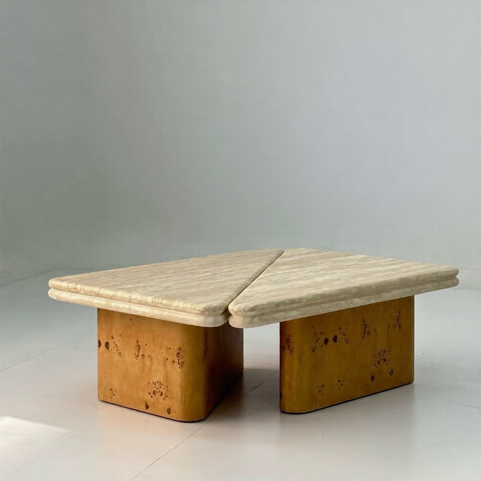 Modern Travertine Nesting Coffee Table Set, Wabi Sabi Stone Center Table with Sculptural Wood Base, Minimalist 2 Piece Coffee Table for Living Room, Apartment, Lounge