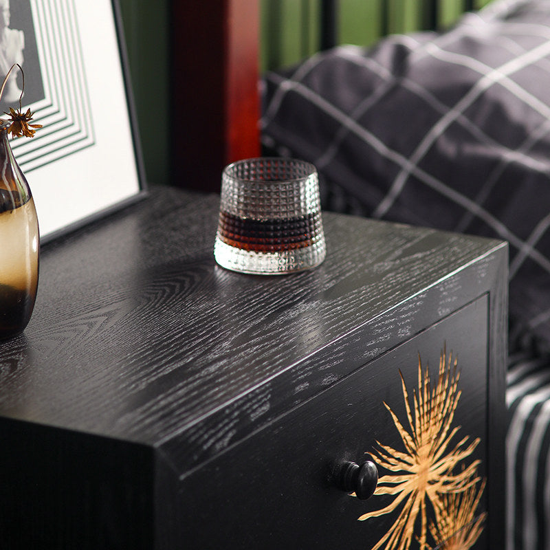 Black Wood Nightstand, Gold Botanical Door and Metal Legs