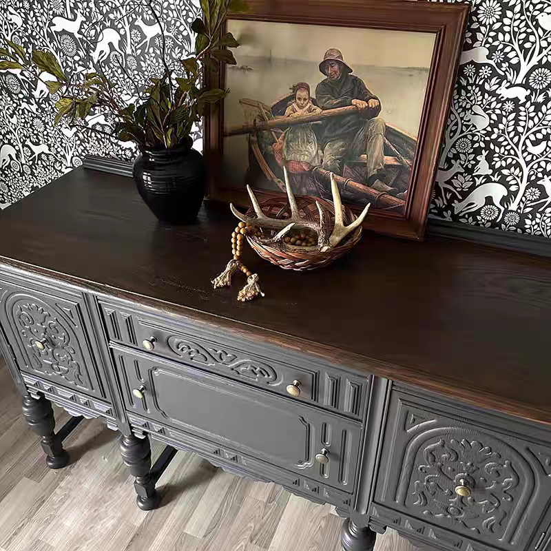 Black Carved Sideboard Cabinet with 2 Doors and 2 Drawers