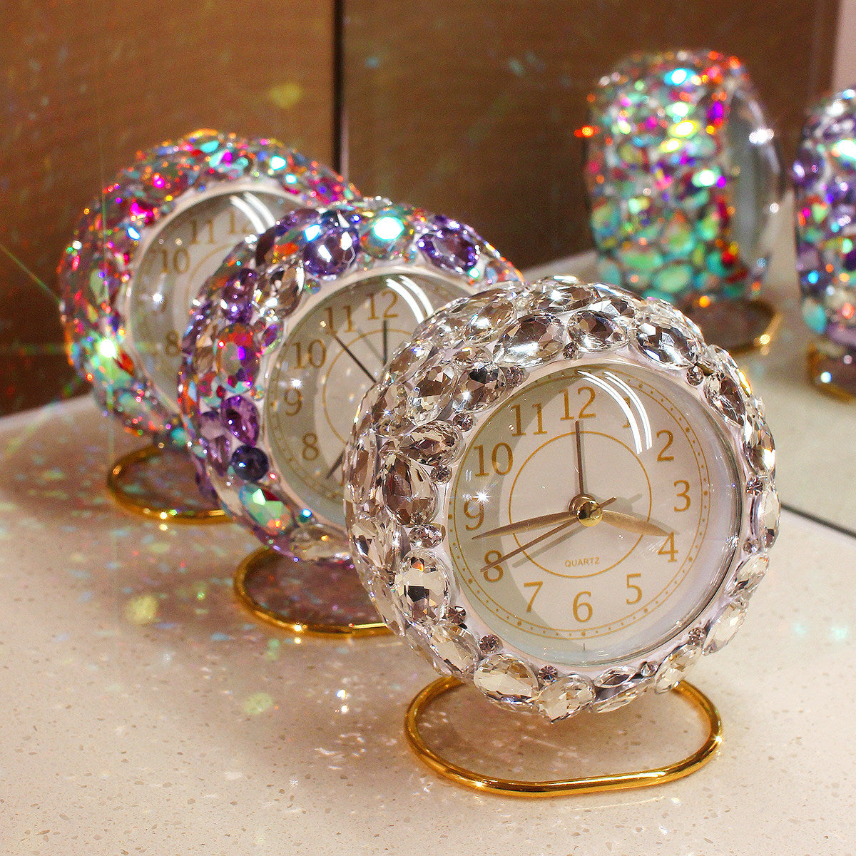 White Rhinestone Analog Alarm Clock for Bedroom Desk Decor