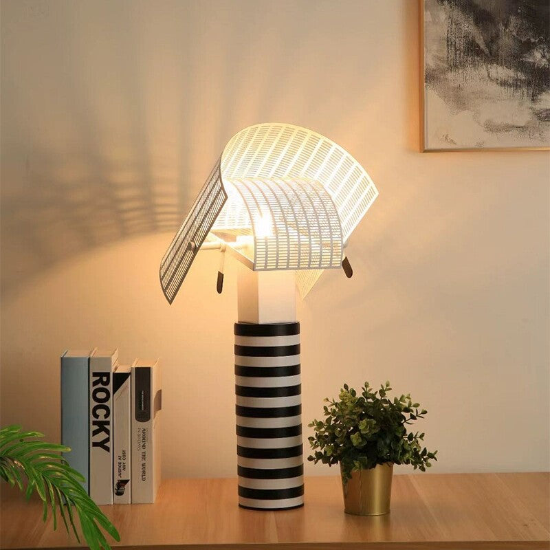 Black and White Striped Table Lamp, Modern Perforated Metal Mesh Shade Desk Lamp, E27 Warm Light Decorative Accent Lamp for Bedroom, Living Room, Study, Office, Bedside Table