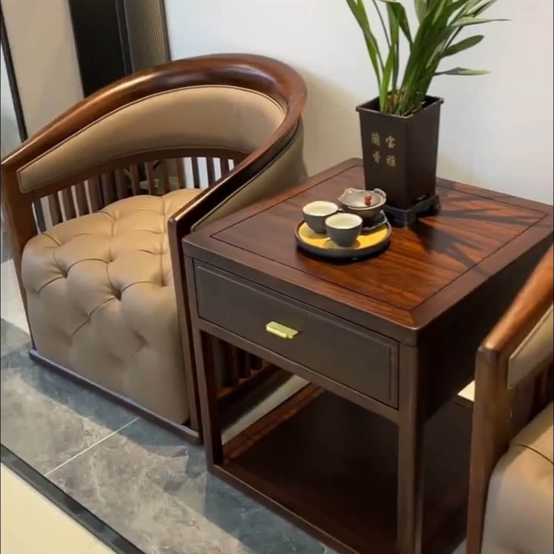 Ash Wood Side Table with Drawer and Lower Shelf, Walnut Finish