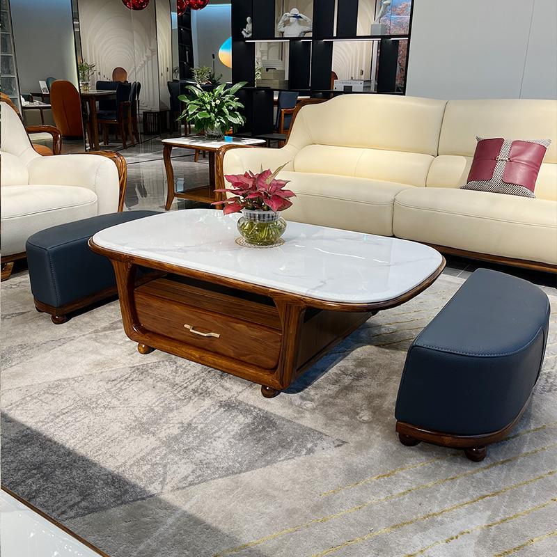 Wenge Wood Coffee Table with Marble Top, Drawer and 2 Stools