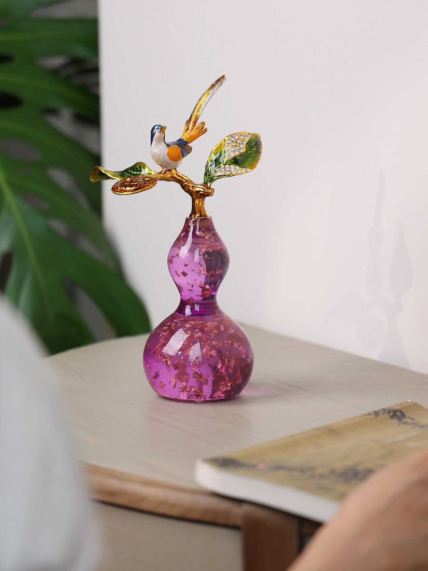 Purple Glass Gourd Bird Figurine with Enameled Leaves, Table Decor