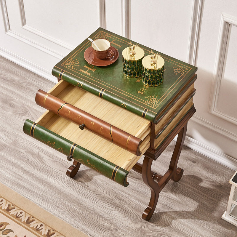 Vintage Stacked Book Side Table with 2 Drawers, 21 Inch Wide