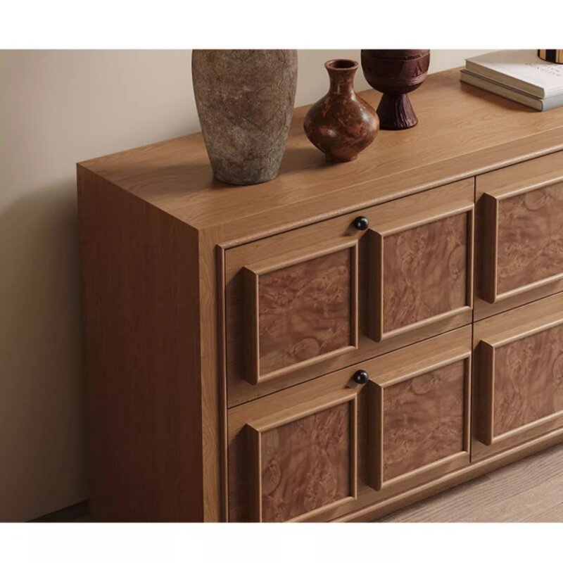 Natural Wood 4 Drawer Dresser Cabinet, Scandinavian Style Solid Wood Storage Chest, Low Sideboard Cabinet for Bedroom, Living Room, Entryway, Hallway, Closet, and Home Organization
