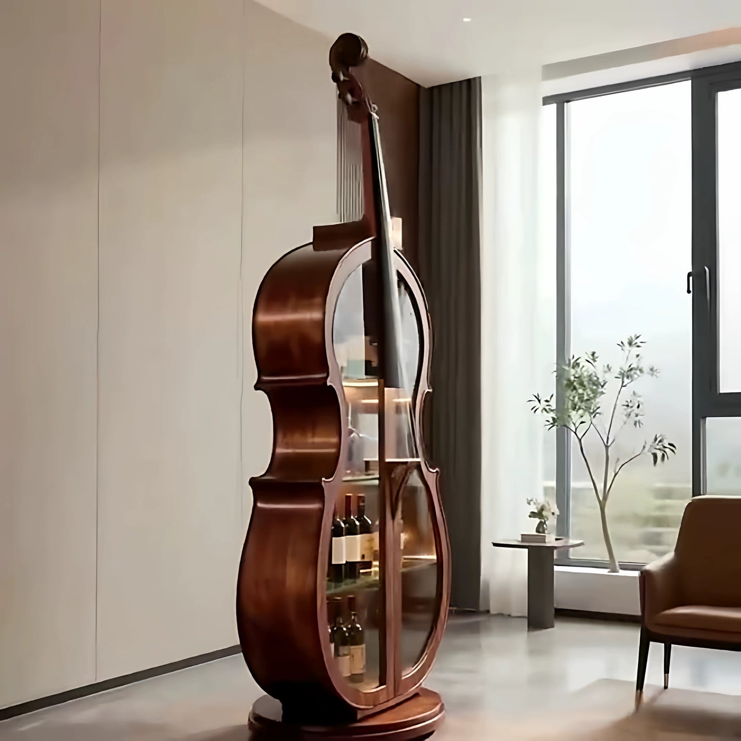 Rotating Cello Shaped Liquor Cabinet, Ash Wood Glass Door Bar Storage