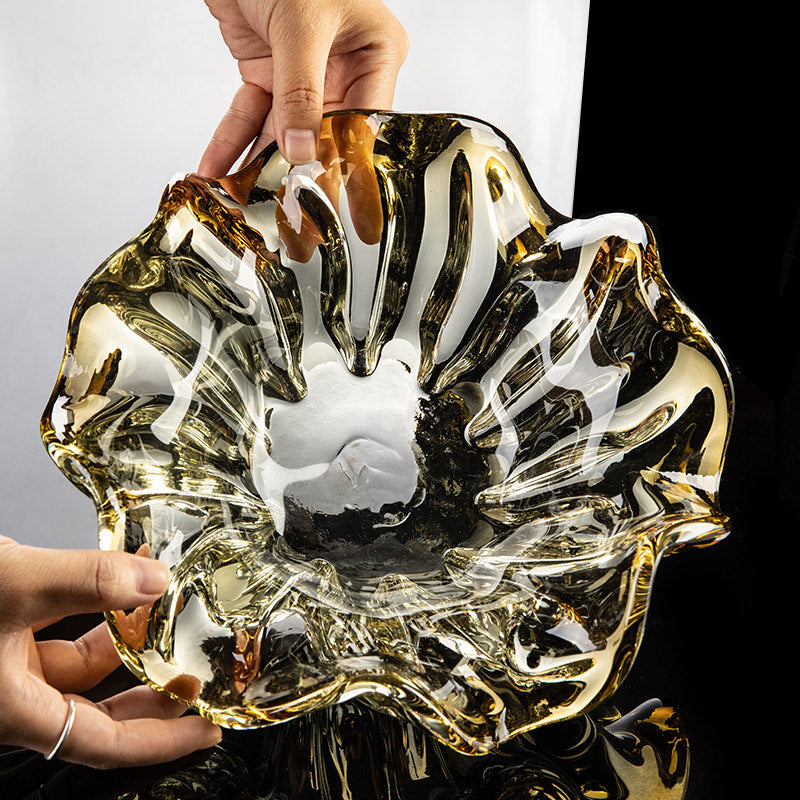 Amber and Smoky Clear Art Glass Fruit Bowl, Sculptural Flower-Shaped Decorative Serving Bowl, Large Centerpiece Dish for Coffee Table, Living Room, Candy, Snacks and Fruit