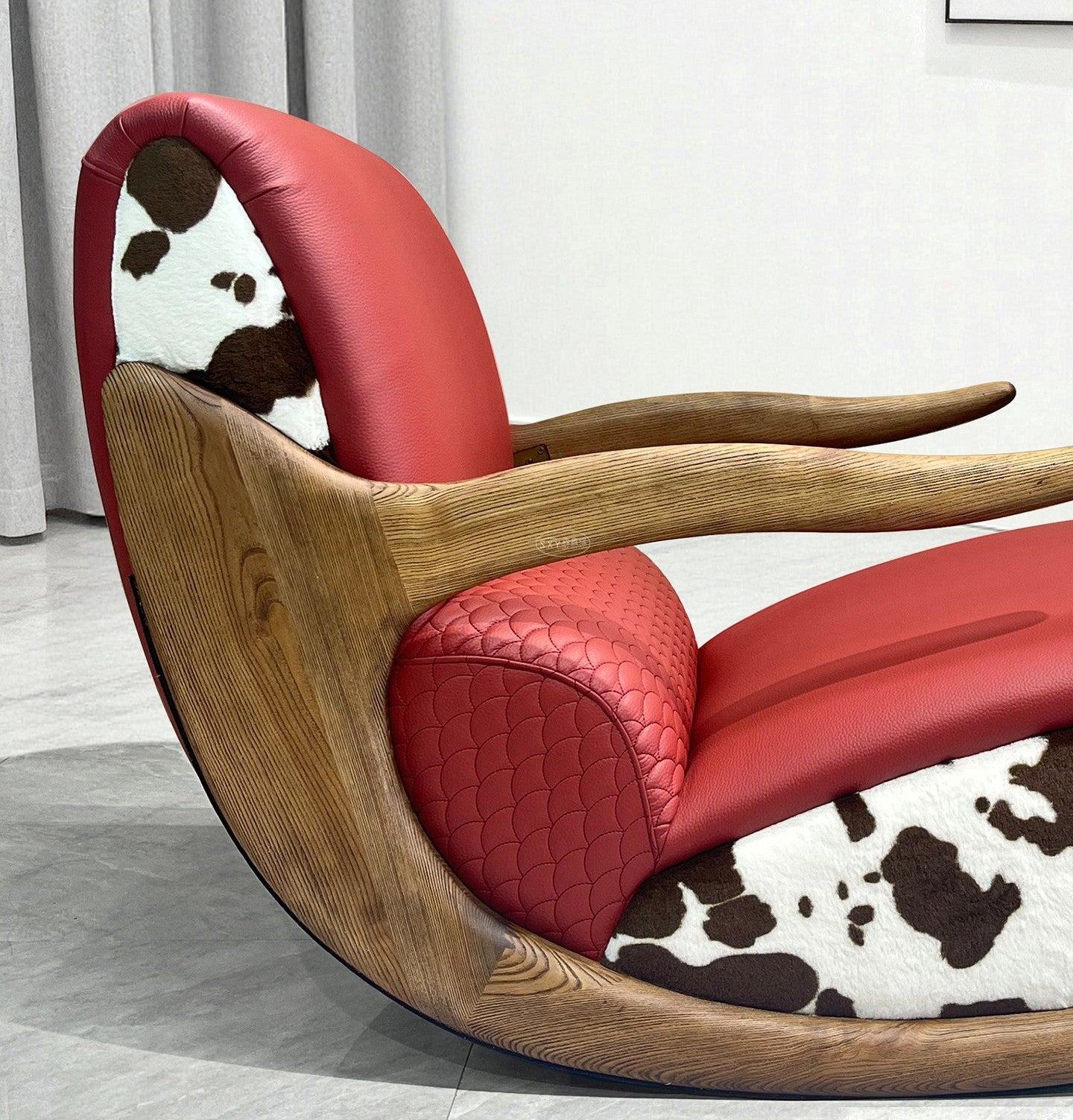 Mid Century Genuine Leather Chaise Lounge Chair with Ash Wood Arms, Wine Red Rocking Accent Chair, Designer Single Sofa Lounger for Living Room, Bedroom, Reading Nook and Lounge