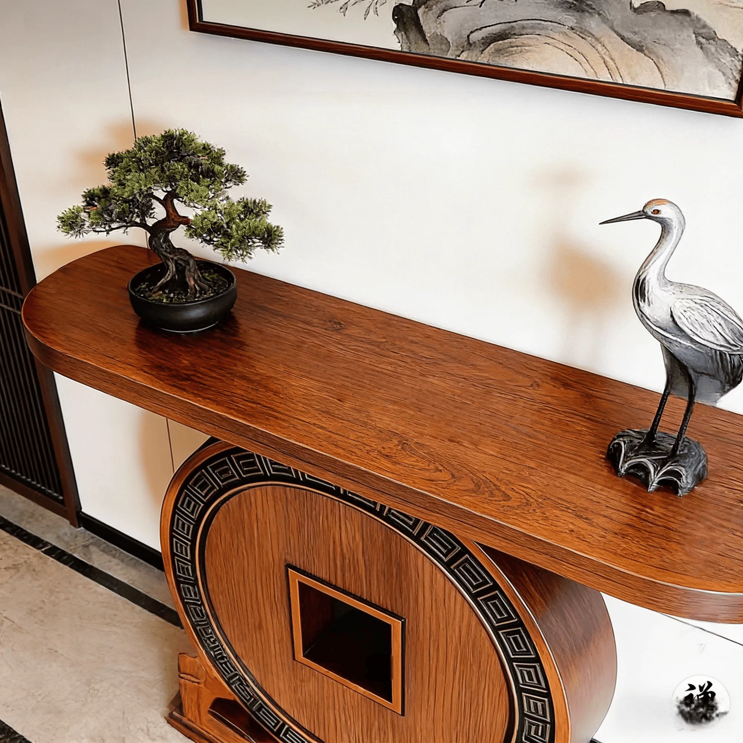 Solid Ash Wood Entryway Console Table, Round Coin-Inspired Pedestal Base, Walnut Finish Narrow Hallway Console Table, Modern Accent Sofa Table for Entryway, Foyer, Living Room & Hallway