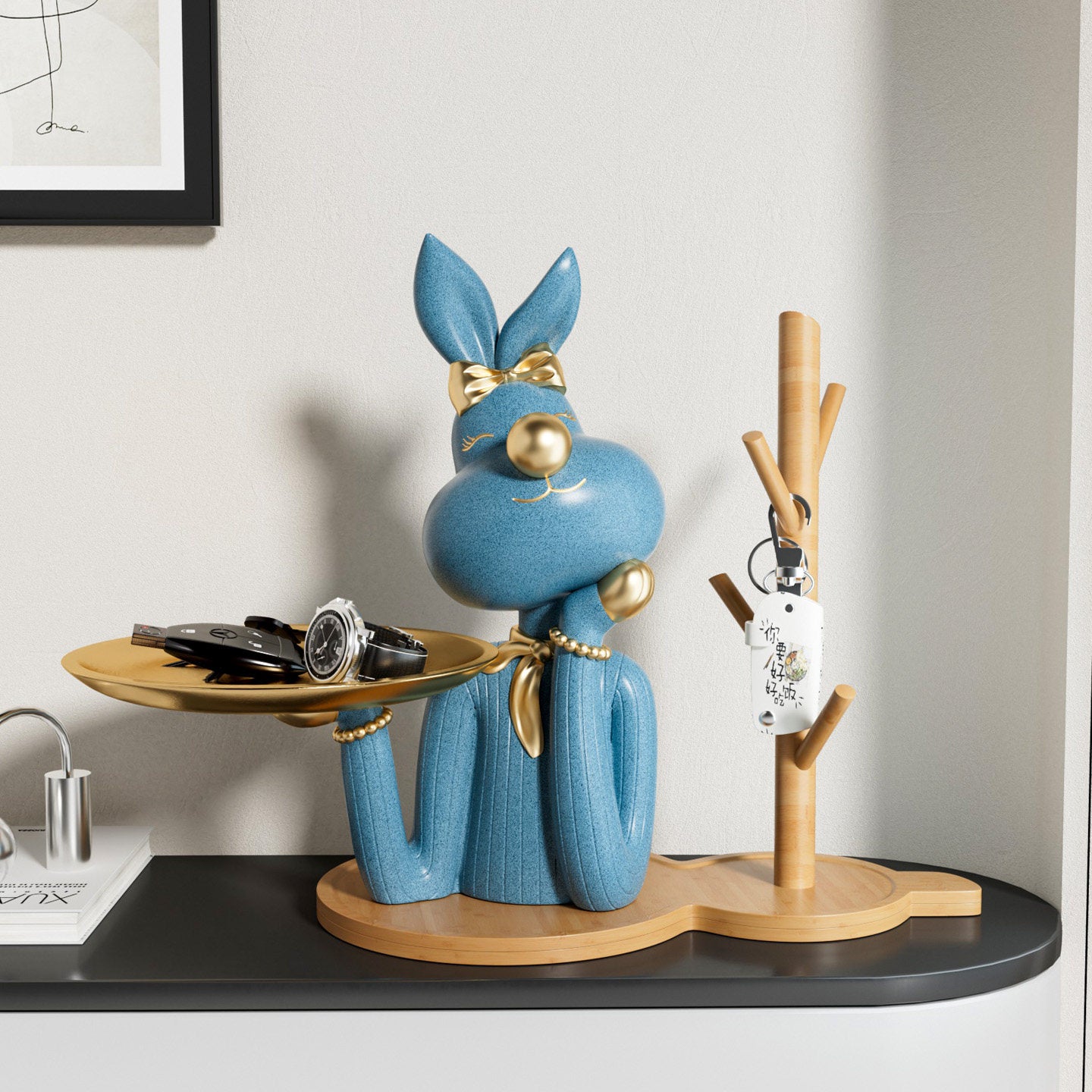 Blue Rabbit Key Tray and Wooden Key Holder Stand Set for Entryway