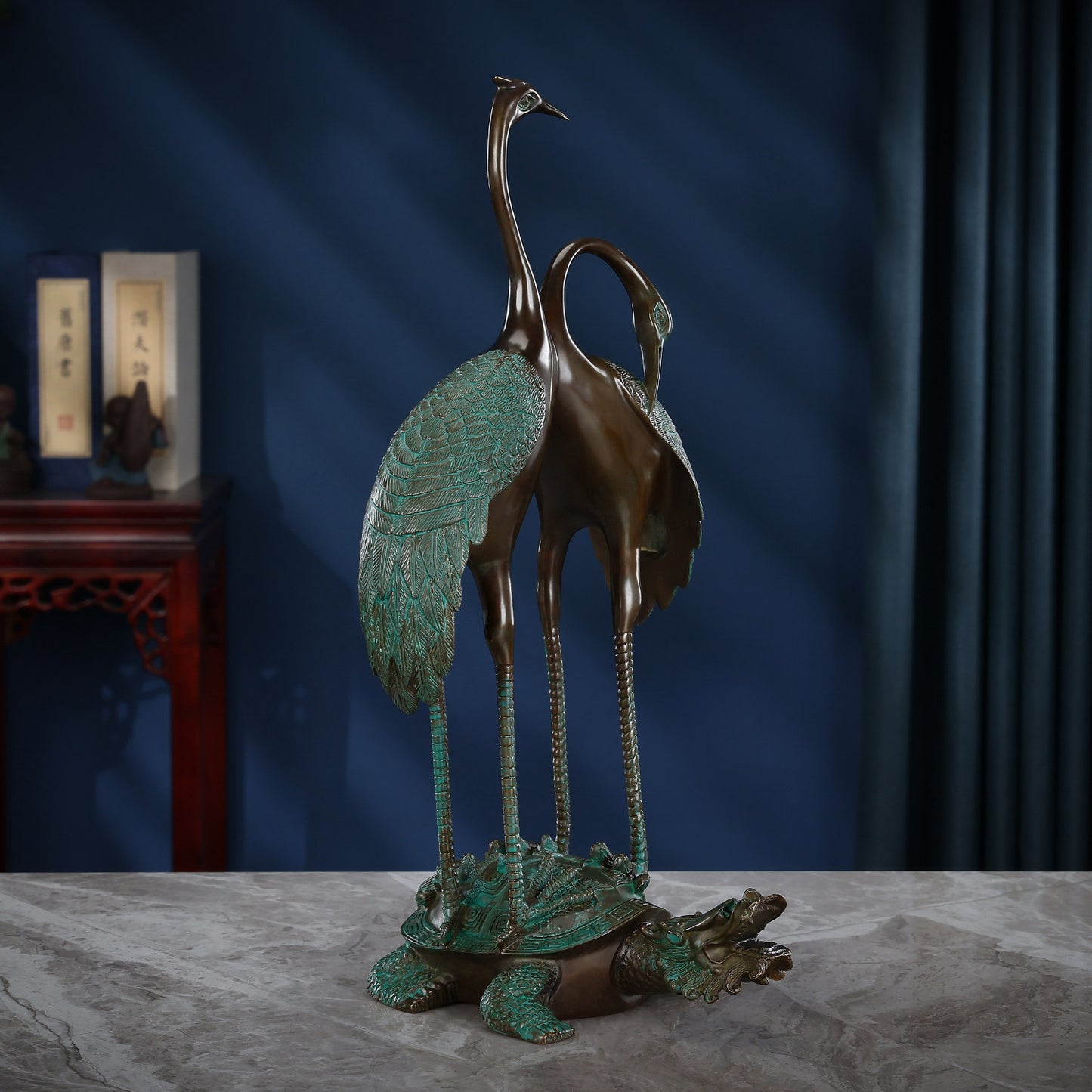 Copper Crane and Turtle Statue, Antique Green Double Crane Figurine with Turtle Base, Decorative Metal Sculpture for Living Room, Office, Tabletop, Birthday and Housewarming Gift