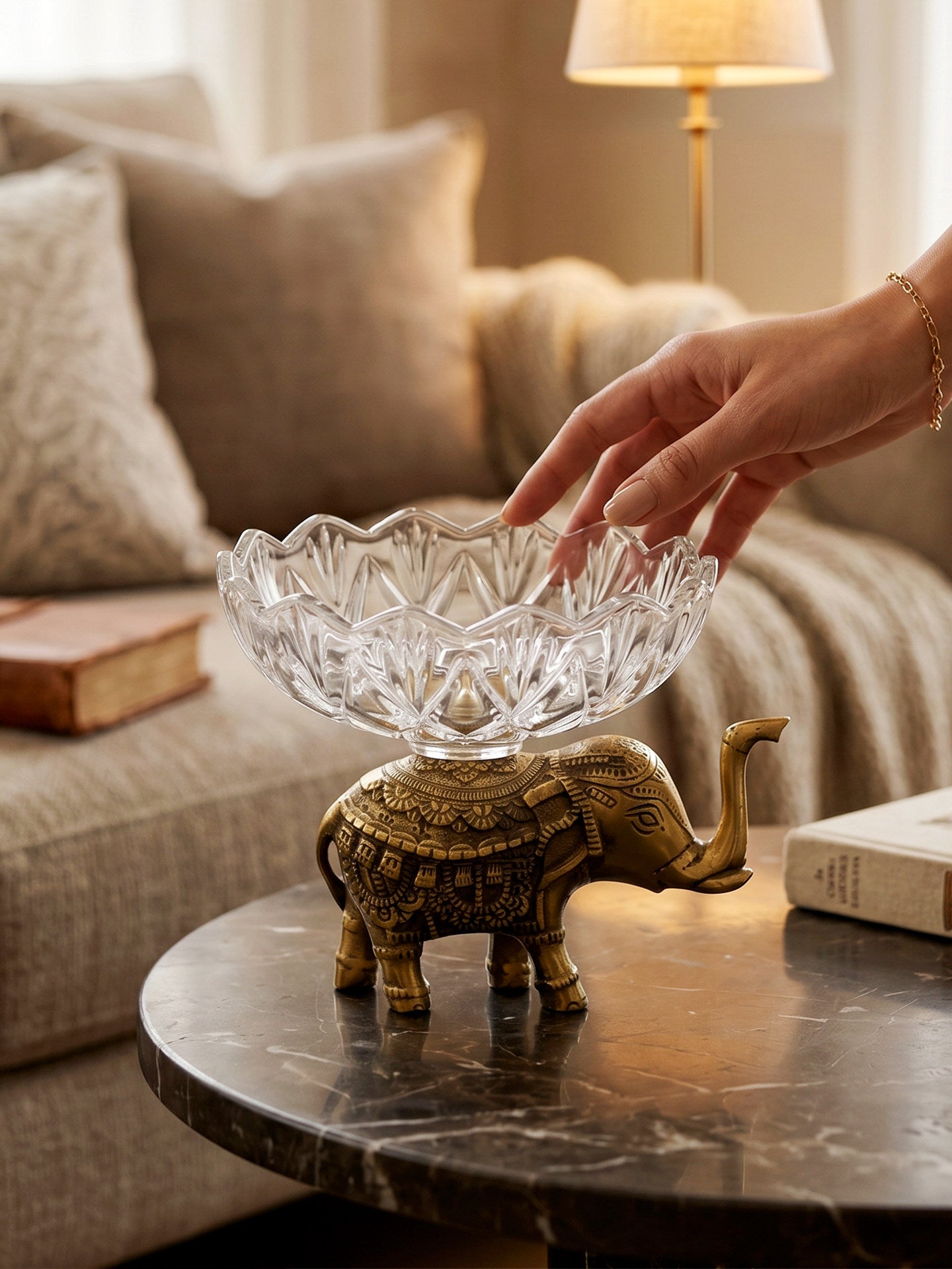 Gold Elephant Decorative Glass Bowl, Brass Fruit and Candy Serving Dish