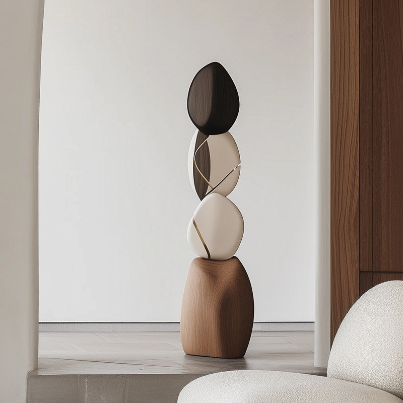 Modern Abstract Wood Floor Sculpture, Tall Carved Organic Stacked Statue, Brown and Ivory Decorative Art Accent for Hotel Lobby, Entryway, Living Room, Villa, Office and Gallery Decor