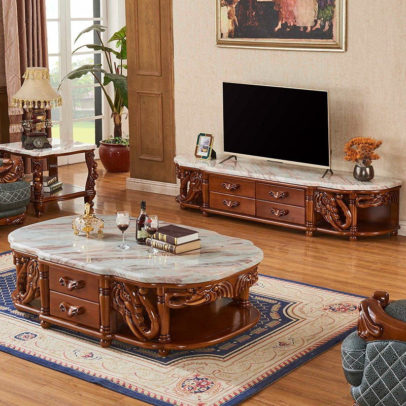 Solid Wood Marble Top Coffee Table with Storage Drawers, Hand-Carved Traditional Living Room Center Table, Luxury Vintage Cocktail Table with Open Shelf