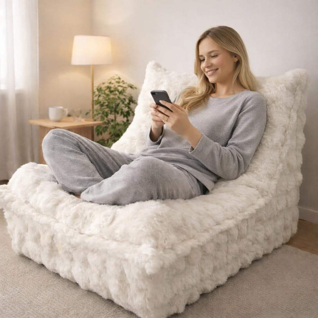 White Faux Fur Foam Bean Bag Chair for Living Room Bedroom