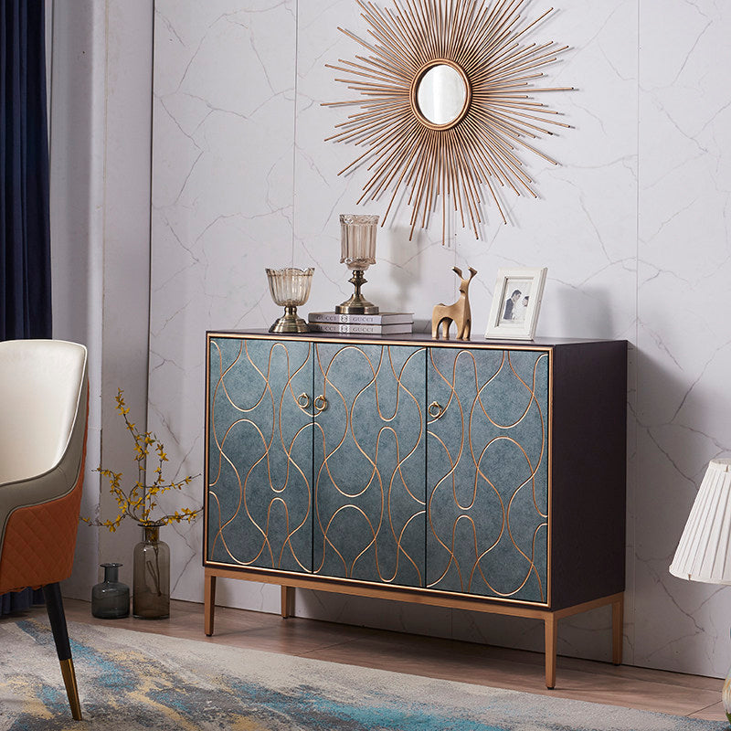 Modern 3-Door Accent Cabinet, Gray Sideboard with Abstract Gold Line Design, Ring Pulls and Tapered Legs, Entryway Shoe Storage Credenza for Living Room, Foyer or Dining Room