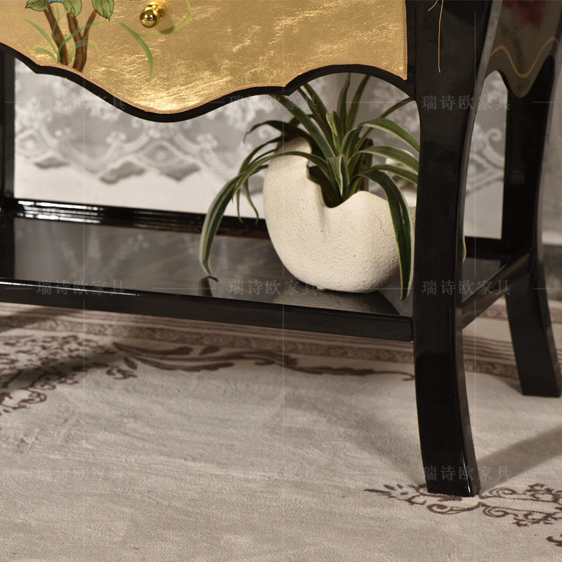 Black Accent Chest with 3 Drawers and Hand-Painted Floral Panels