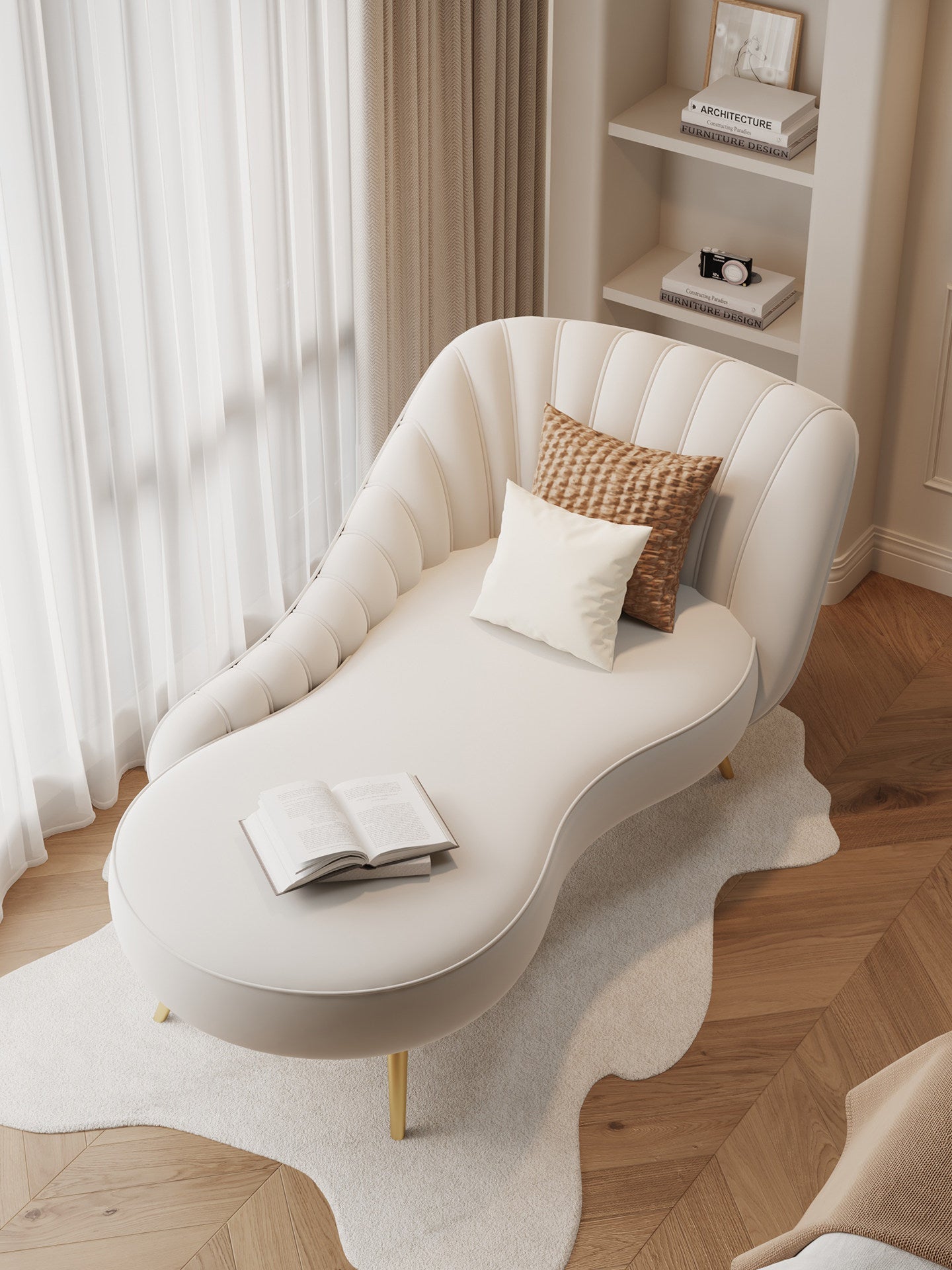 Cream Velvet Curved Chaise Lounge Sofa with Channel-Tufted Shell Back, High-Density Foam Cushion, Solid Wood Frame and Gold-Tone Legs for Living Room, Bedroom, Hotel and Reception Area