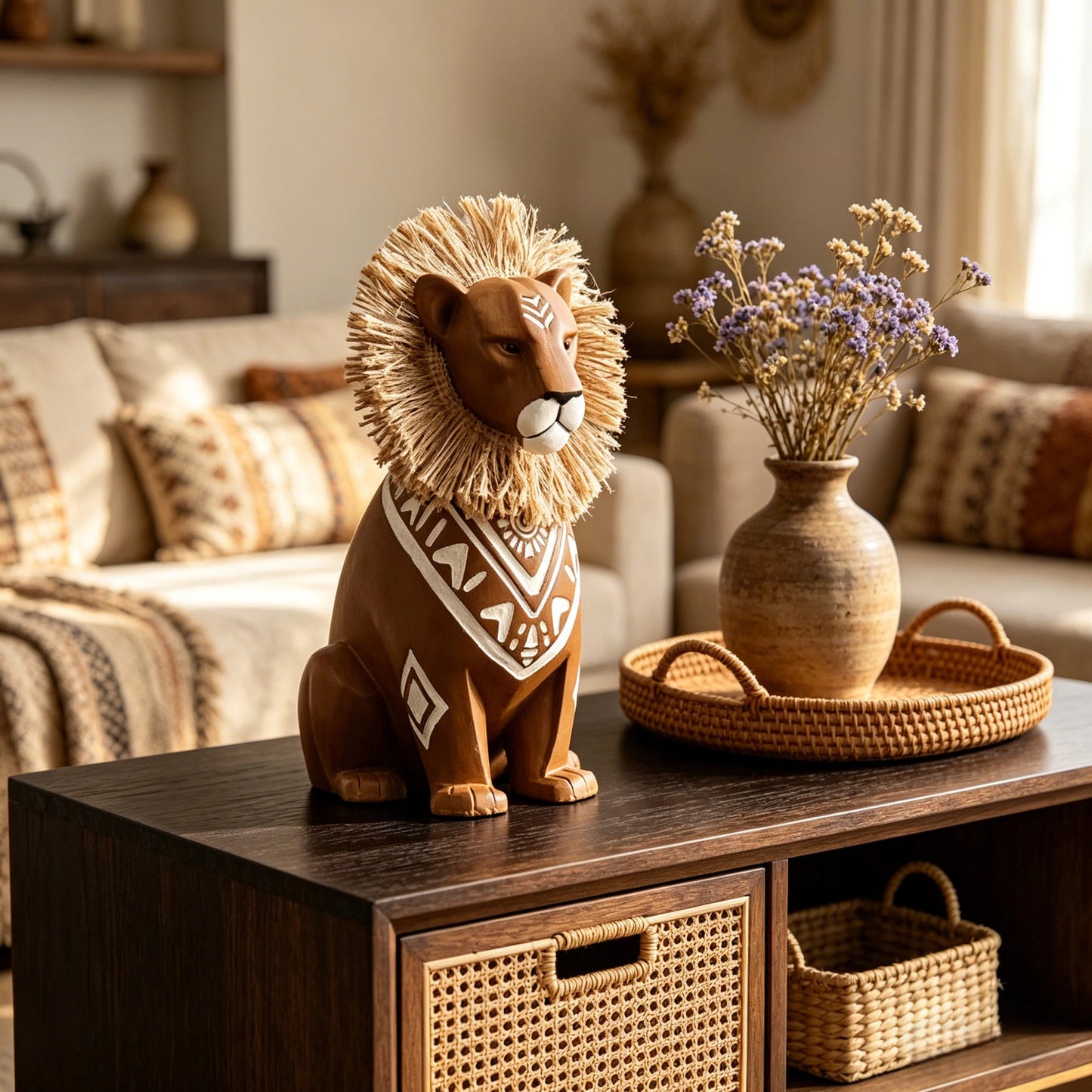 Brown Resin Lion Figurine with Raffia-Style Mane, Boho Sitting Animal Statue with White Geometric Details for Bookshelf, Office Desk, Entryway, Living Room and Bedroom Décor