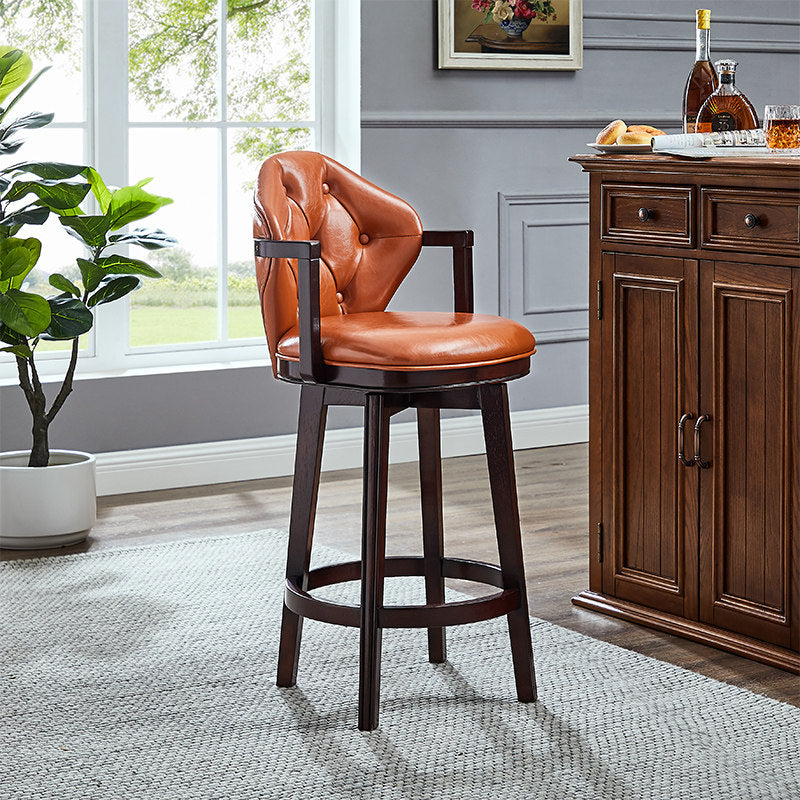 Orange Top-Grain Leather Swivel Counter Stool, Solid Wood Frame