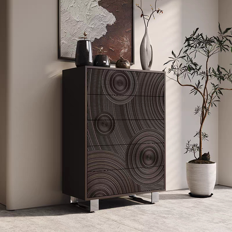 Dark Brown 5-Drawer Chest with Carved Circle Front and Metal Legs
