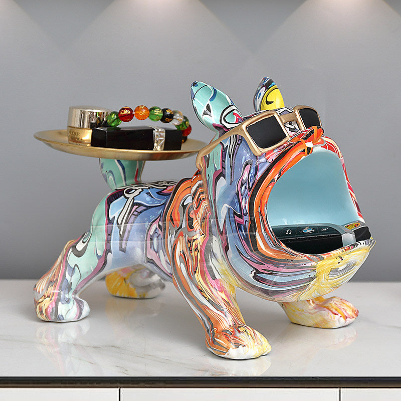 Multicolor Resin French Bulldog Key Holder Tray, Graffiti Dog Statue with Gold Catchall Dish and Sunglasses for Entryway, Living Room, Office Desk, Shoe Cabinet and Housewarming Gift