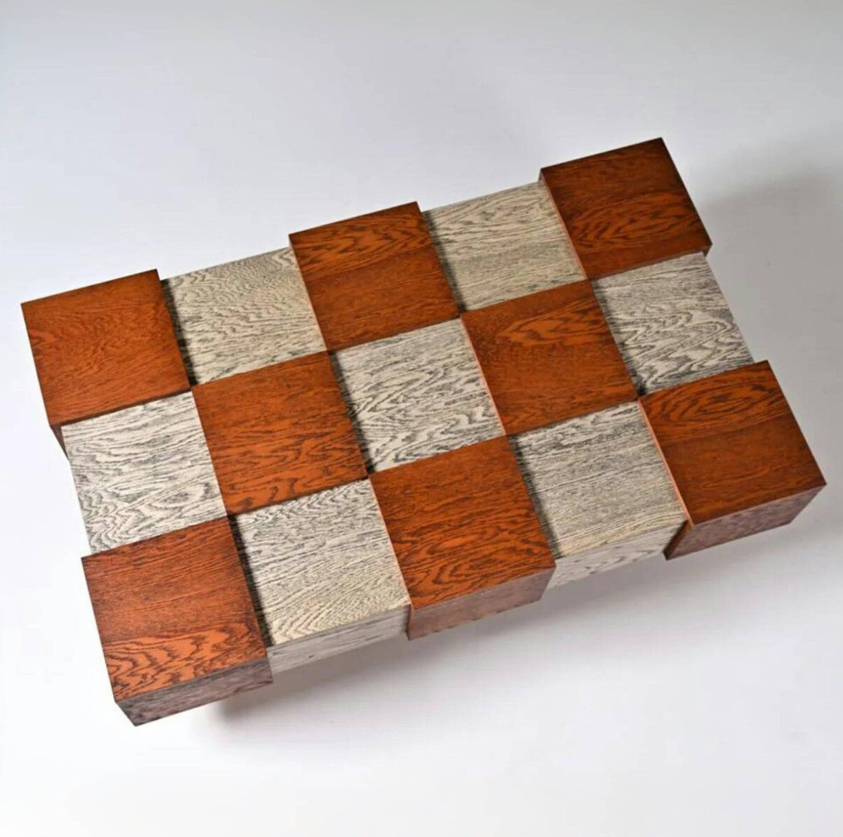 Multi Tone Block Wood Coffee Table, Rectangular Solid Wood Center Table with Geometric Raised Cube Pattern, Modern Rustic Accent Table for Living Room, Lounge and Reception Area
