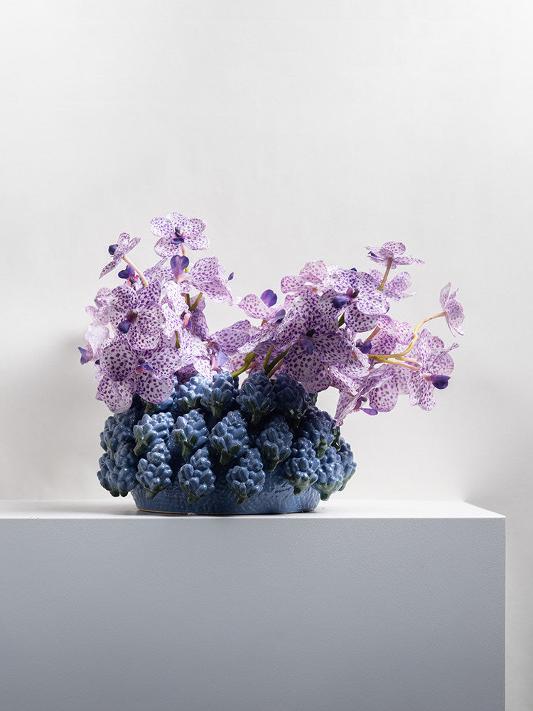 3 Blue Ceramic Grape Vases with 6 Purple Orchid Stems, 9-Piece Set
