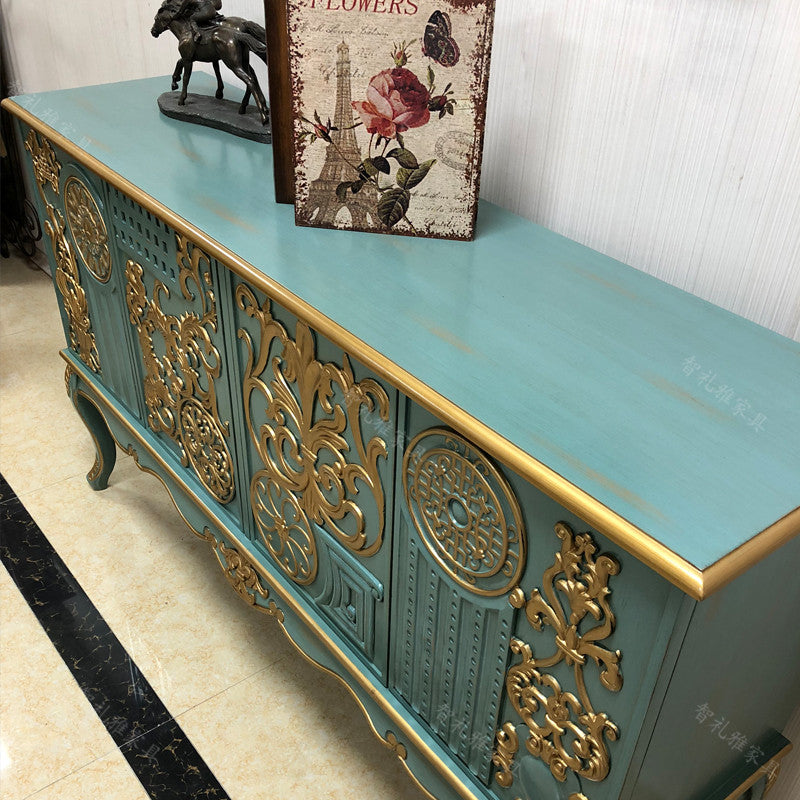 Teal Solid Wood Sideboard, Gold-Tone Carved 4-Door Storage Cabinet