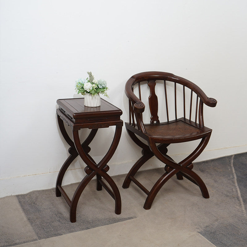 3 Piece Solid Elm Wood Chinese Style Horseshoe Back Chair Set, Rustic Brown Round Back Armchairs with Side Table, Traditional Accent Seating Set for Living Room, Entryway, Tea Room, Bedroom, and Lounge