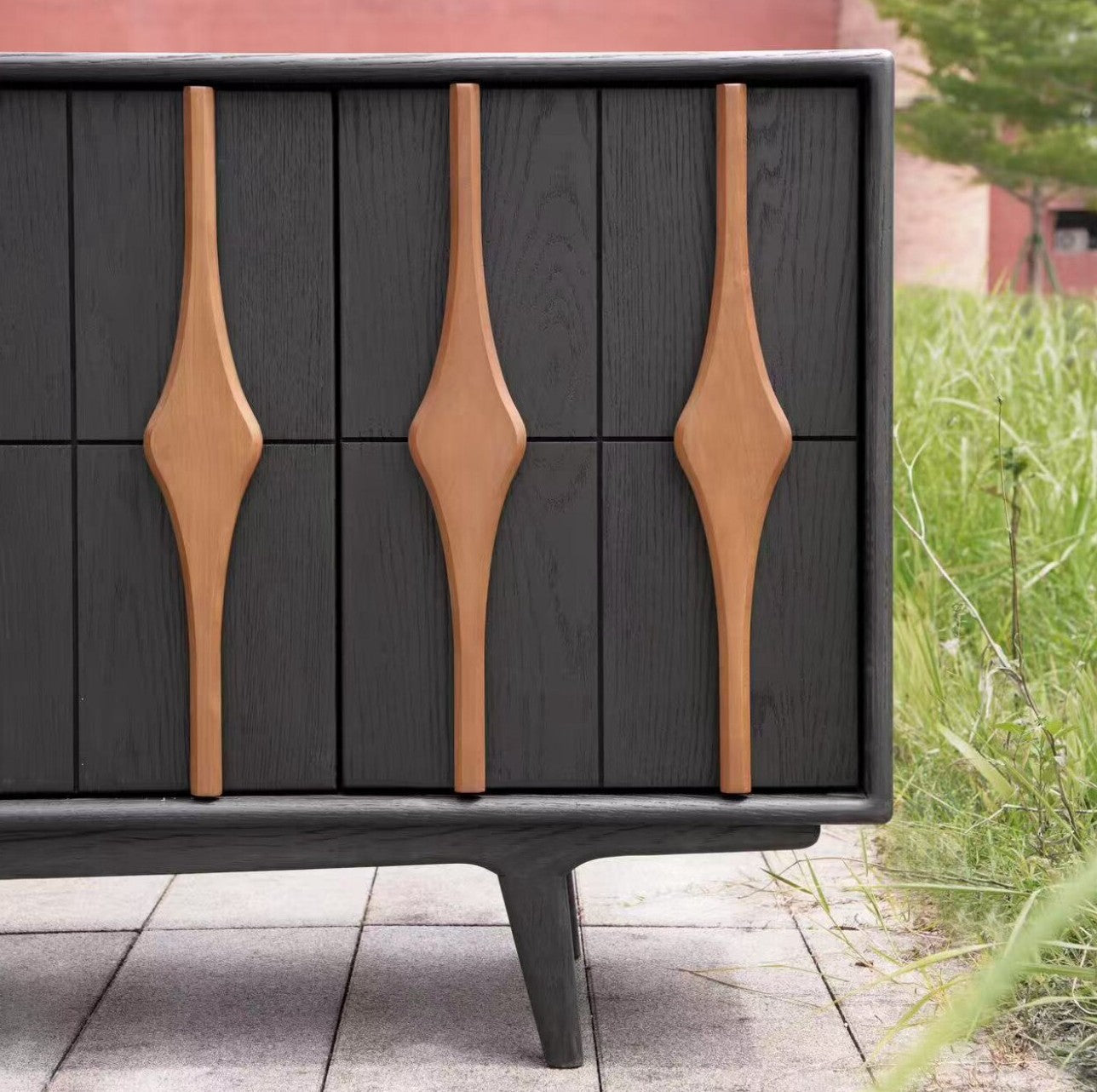 Black and Natural Wood Sideboard Cabinet, Modern Solid Wood Buffet Credenza with Vertical Accent Door Fronts, Dining Room Storage Cabinet for Living Room, Entryway and Hallway
