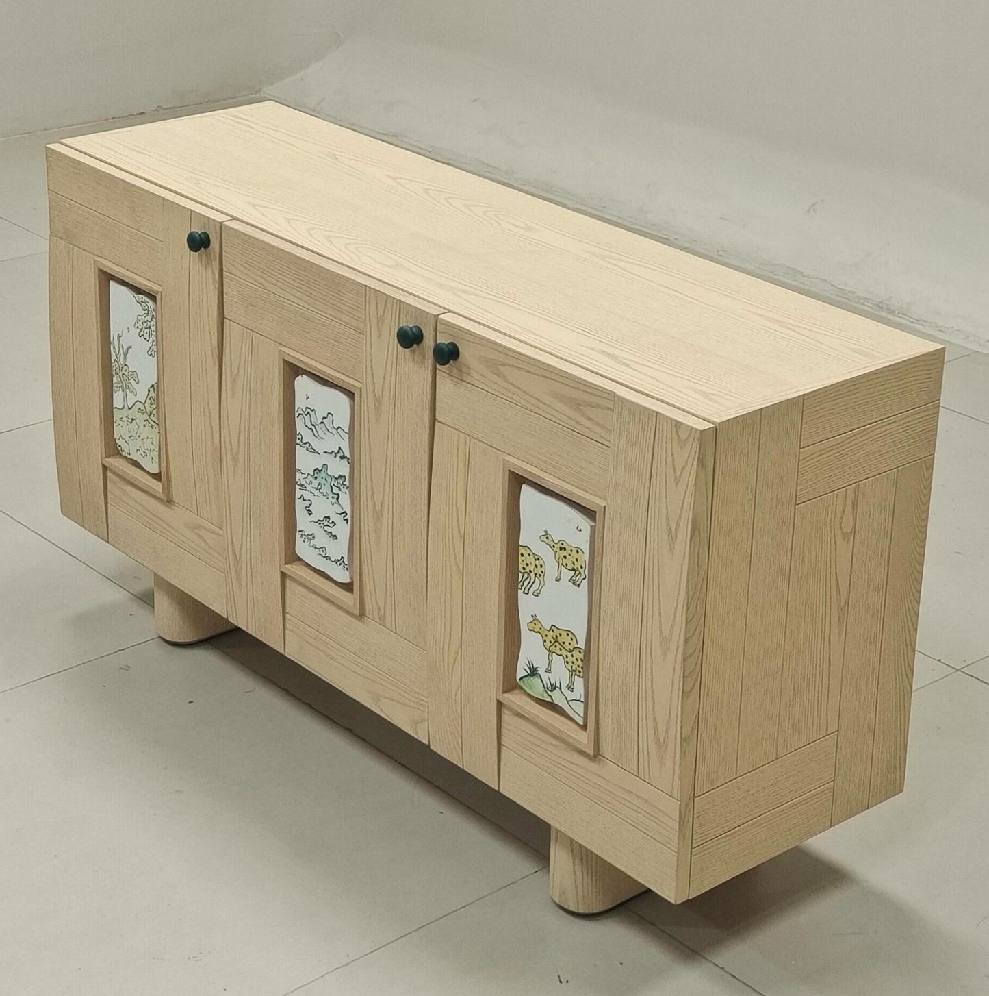 Natural Wood Sideboard Cabinet with Illustrated Inset Panels, 3 Door Solid Wood Buffet Credenza, Organic Modern Storage Cabinet for Living Room, Dining Room and Entryway