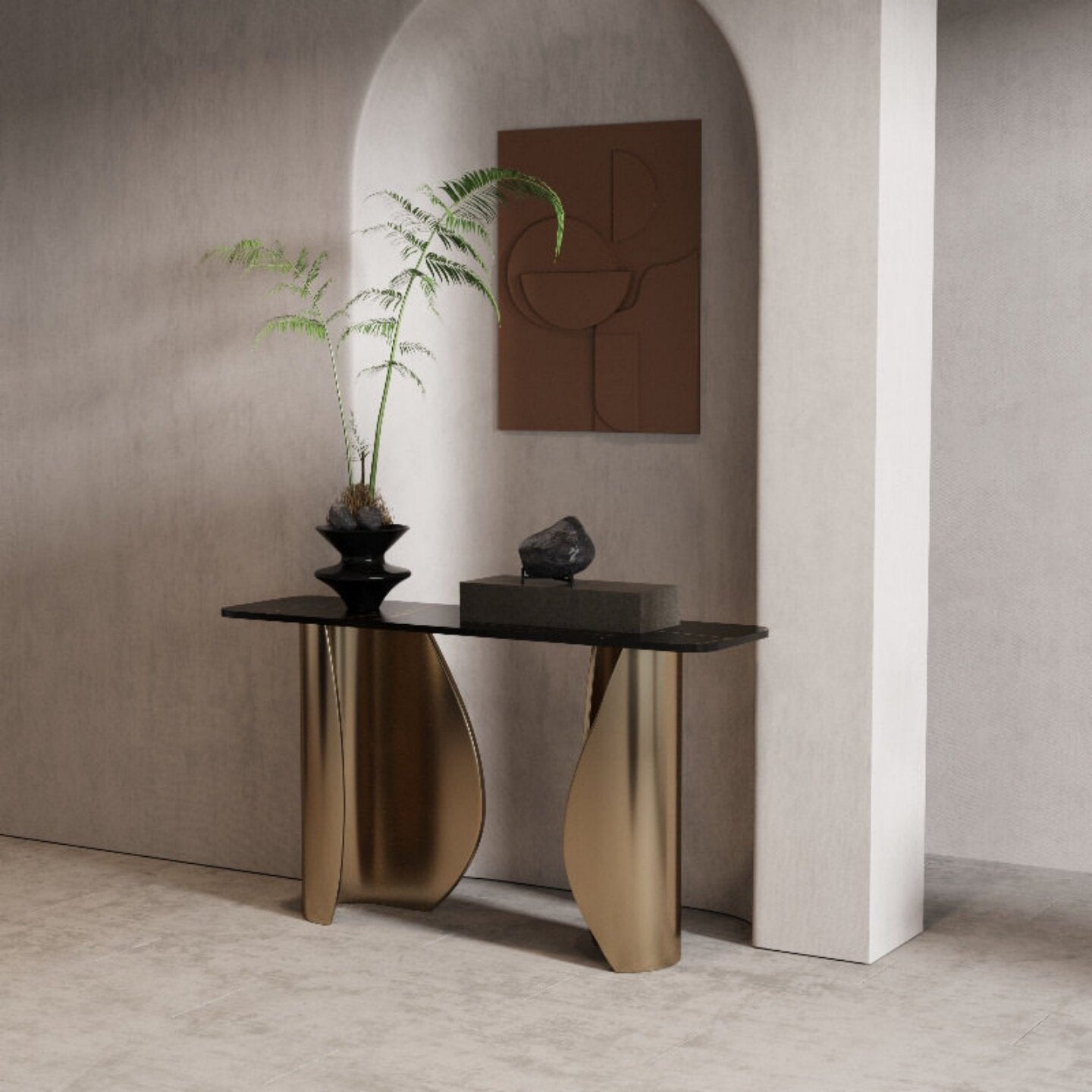 Champagne Gold Console Table, Black Sintered Stone Top