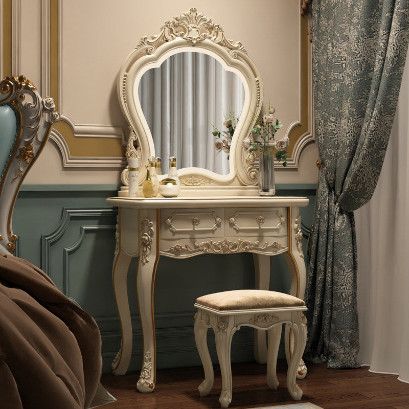 Cream Vanity Table Set with Lighted Crown Mirror, 2 Drawers and Stool