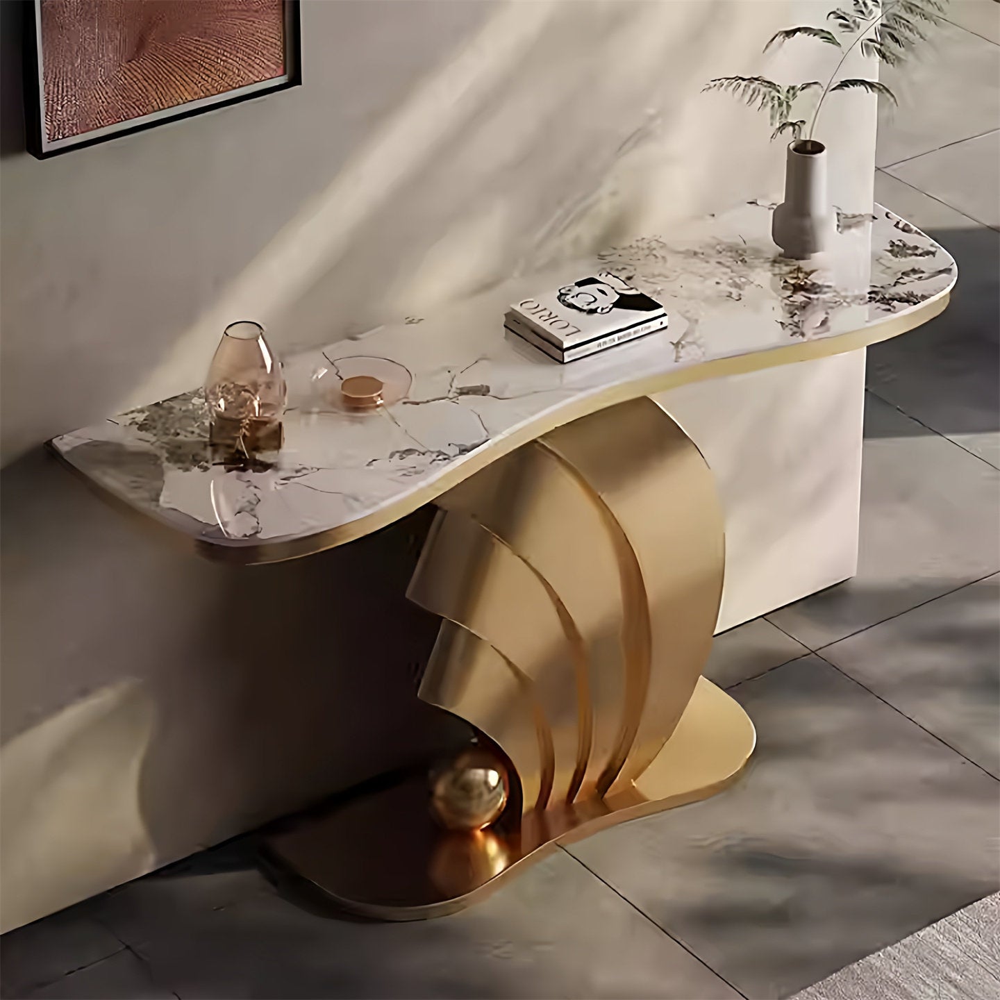 Champagne Gold Sintered Stone Console Table for Entryway