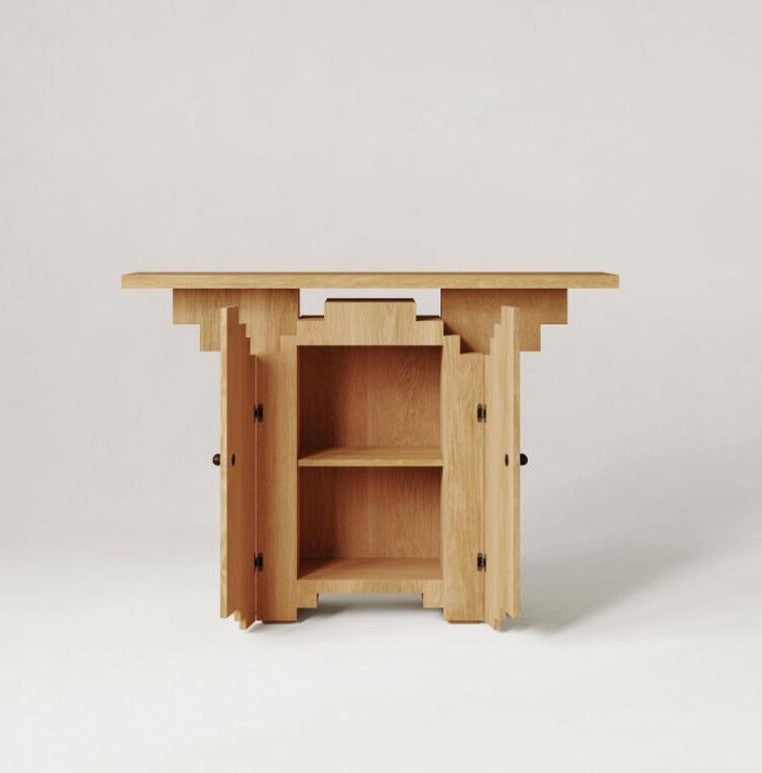 Pixel Wood Console Table with Storage, Solid Wood Entryway Cabinet, Mosaic Style Stepped Door Design, Natural Wood Foyer Table for Hallway, Living Room and Bedroom