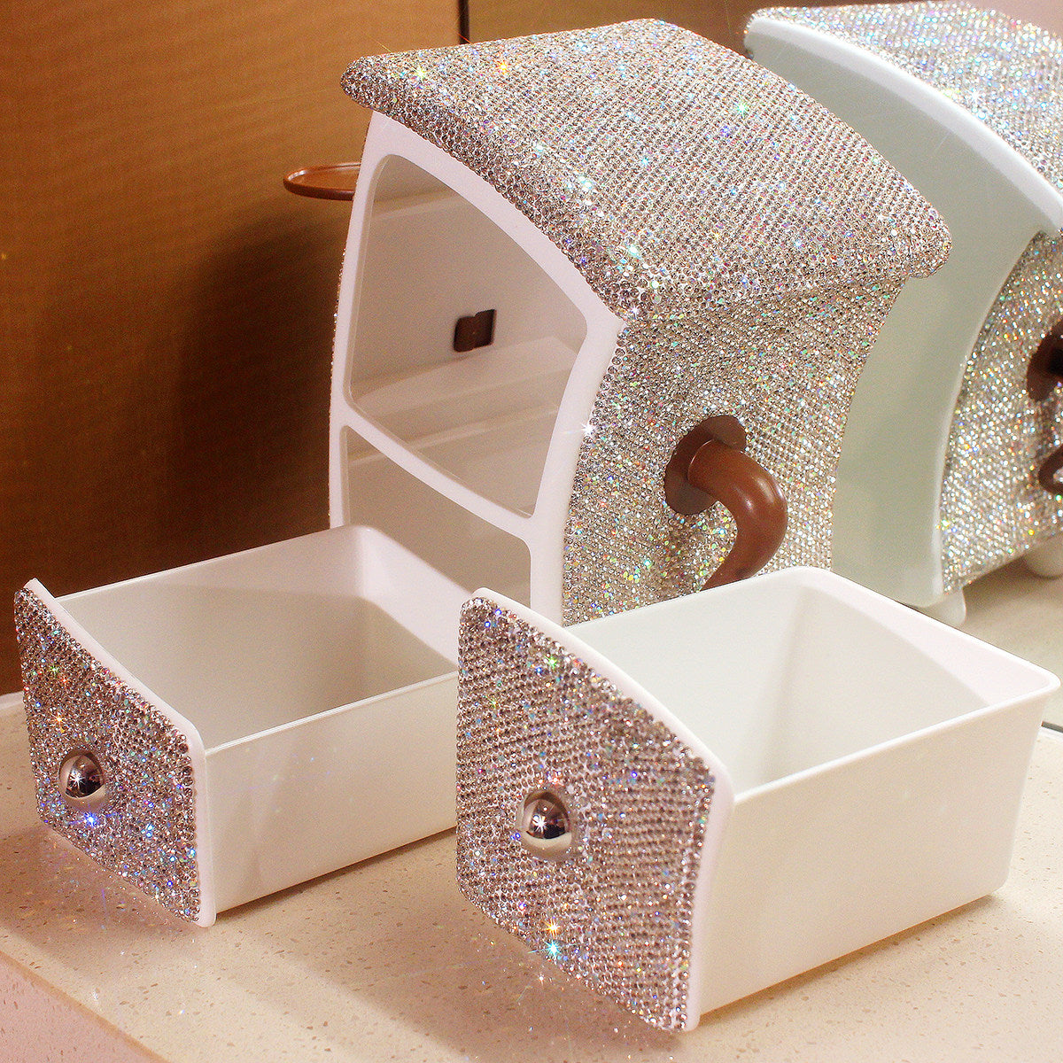 White Rhinestone 2-Drawer Jewelry Box and Desktop Organizer